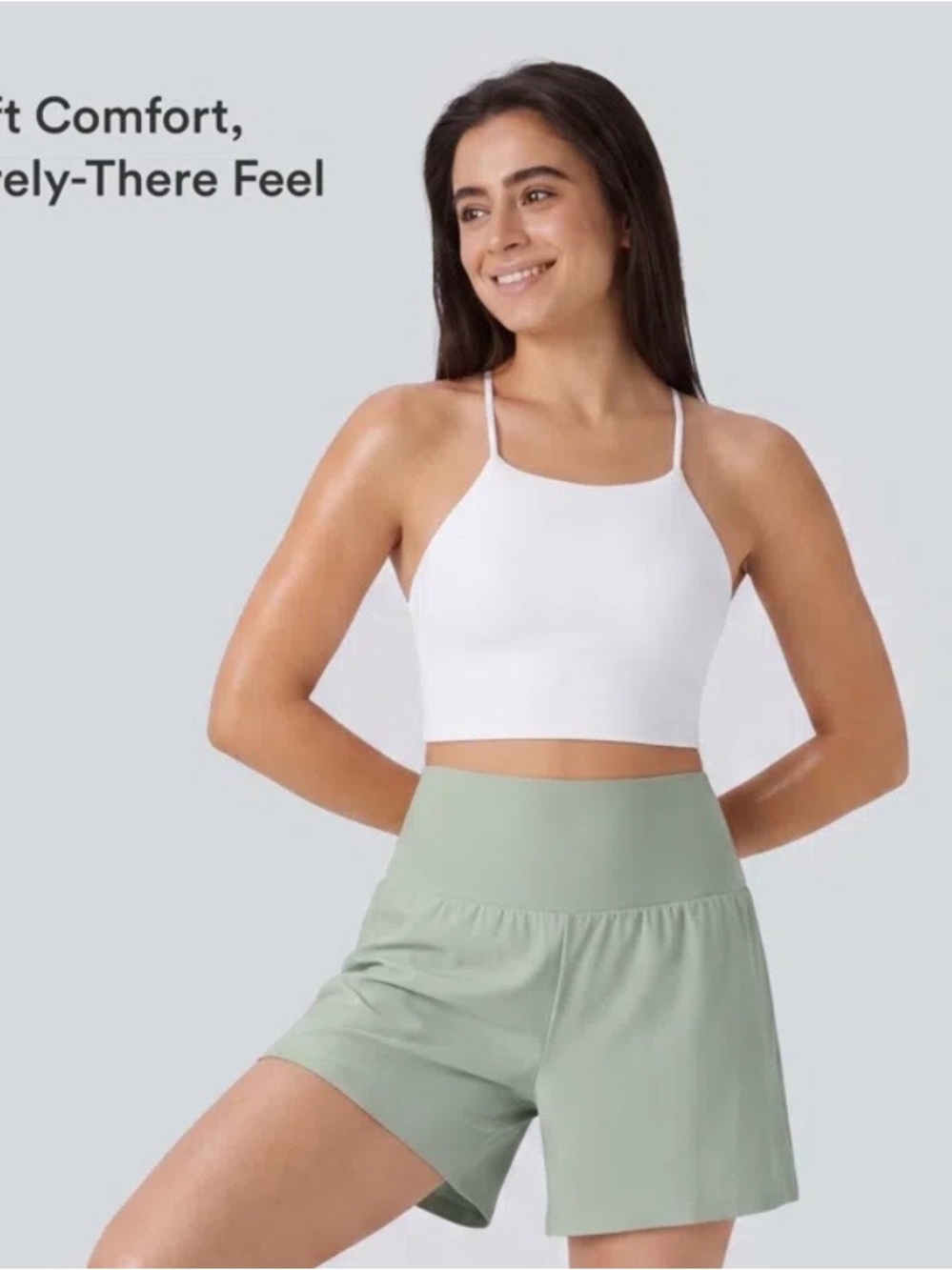 HALARA White Crop Tank with Sage Green Athletic Shorts